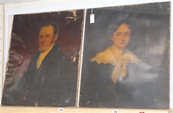 19th century English School, pair of oils on canvas, portraits of a lady and gentleman, signed and dated 1833 30 x 25in., unframed